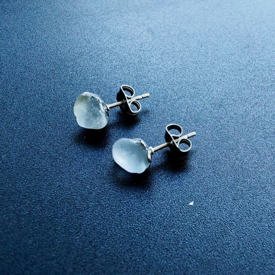 Picture of Stone ( Synthetic ) Ear Post Stud Earrings Silver Tone Light Blue Irregular Post/ Wire Size: (20 gauge), 1 Pair