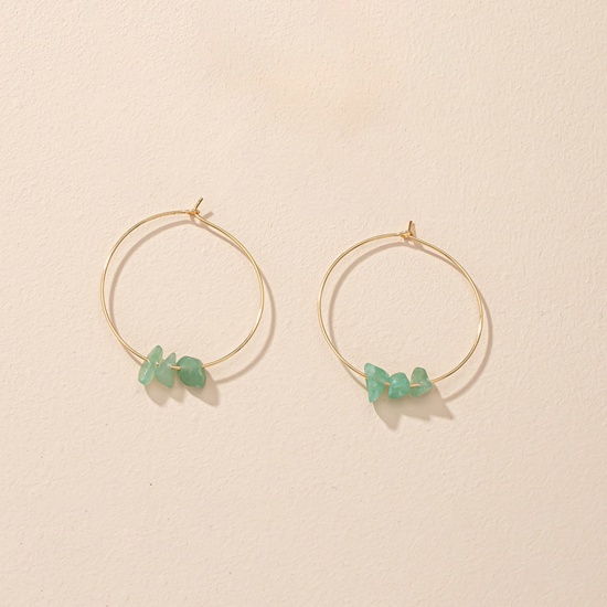 Picture of Aventurine ( Natural ) Hoop Earrings Gold Plated Green Chip Beads Round 5.1cm x 4.2cm, Post/ Wire Size: (20 gauge), 1 Pair
