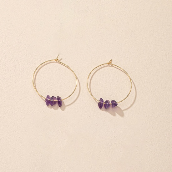 Picture of Amethyst ( Natural ) Hoop Earrings Gold Plated Purple Chip Beads Round 5.1cm x 4.2cm, Post/ Wire Size: (20 gauge), 1 Pair