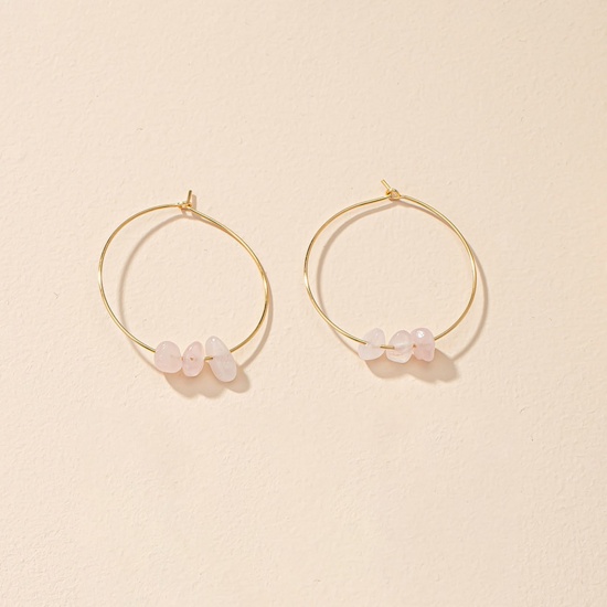 Picture of Rose Quartz ( Natural ) Hoop Earrings Gold Plated Light Pink Chip Beads Round 5.1cm x 4.2cm, Post/ Wire Size: (20 gauge), 1 Pair
