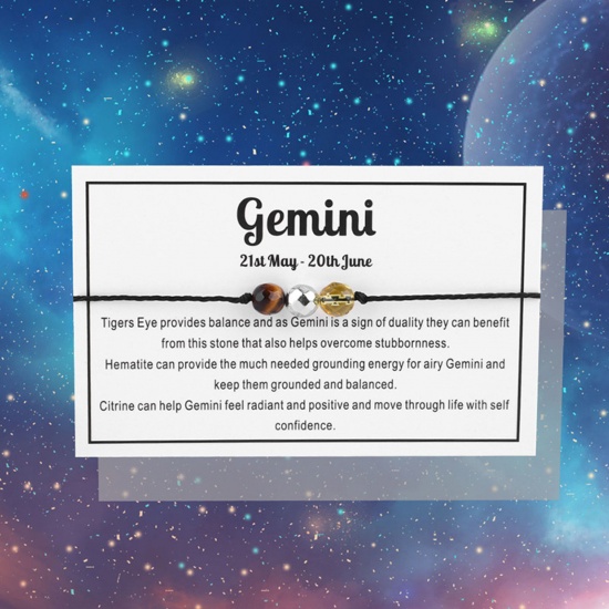 Picture of Gemstone Adjustable Braided Bracelets Gemini Sign Of Zodiac Constellations 30cm(11 6/8") long, 1 Piece