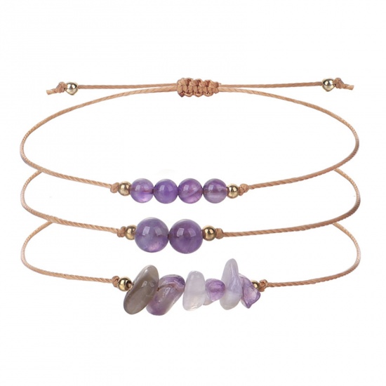 Picture of Rose Quartz Boho Chic Bohemia Adjustable Bracelet Set Purple Chip Beads 30cm(11 6/8") long, 1 Set ( 3 PCs/Set)