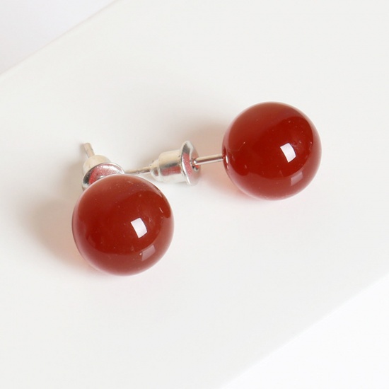 Picture of Stainless Steel & Agate ( Natural ) Ear Post Stud Earrings Silver Tone Red Ball With Stoppers 6mm Dia., Post/ Wire Size: (20 gauge), 1 Pair