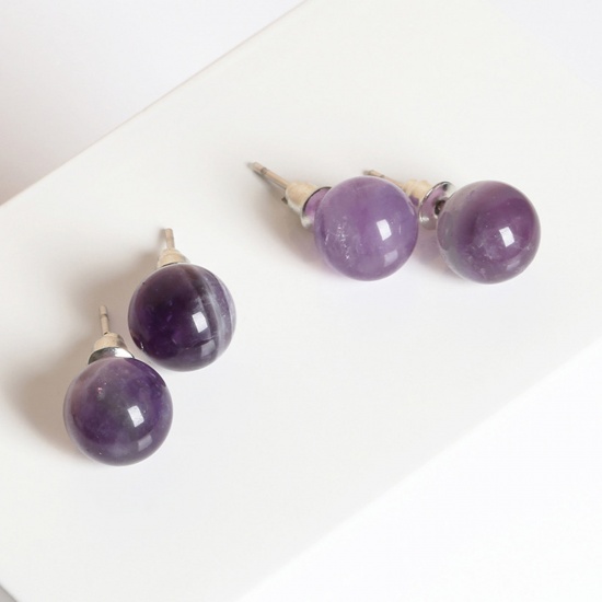 Picture of Stainless Steel & Amethyst ( Natural ) Ear Post Stud Earrings Silver Tone Purple Ball With Stoppers 6mm Dia., Post/ Wire Size: (20 gauge), 1 Pair
