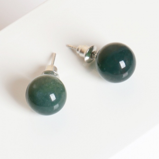 Picture of Stainless Steel & Agate ( Natural ) Ear Post Stud Earrings Silver Tone Grass Green Ball With Stoppers 10mm Dia., Post/ Wire Size: (20 gauge), 1 Pair