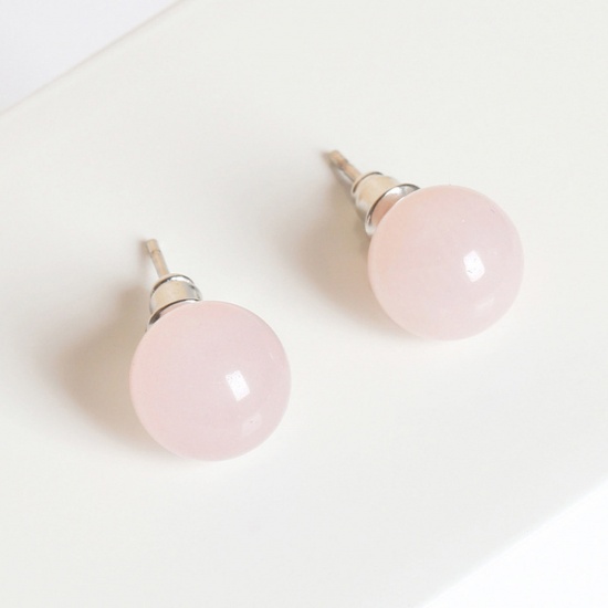 Picture of Stainless Steel & Rose Quartz ( Natural ) Ear Post Stud Earrings Silver Tone Light Pink Ball With Stoppers 6mm Dia., Post/ Wire Size: (20 gauge), 1 Pair