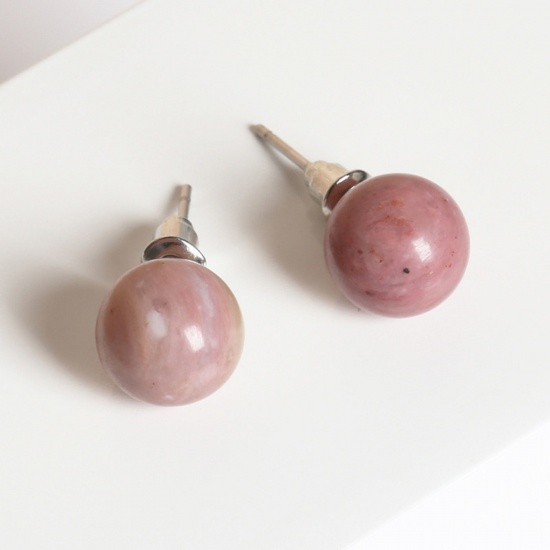 Picture of Stainless Steel & Rhodochrosite ( Natural ) Ear Post Stud Earrings Silver Tone Red Brown Ball With Stoppers 10mm Dia., Post/ Wire Size: (20 gauge), 1 Pair