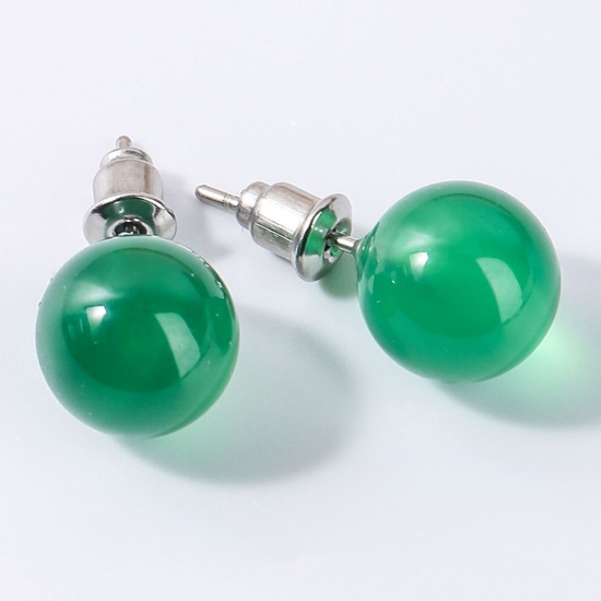 Picture of Stainless Steel & Agate ( Natural ) Ear Post Stud Earrings Silver Tone Green Ball With Stoppers 6mm Dia., Post/ Wire Size: (20 gauge), 1 Pair