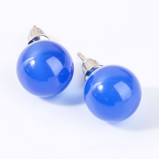 Picture of Stainless Steel & Agate ( Natural ) Ear Post Stud Earrings Silver Tone Blue Ball With Stoppers 6mm Dia., Post/ Wire Size: (20 gauge), 1 Pair