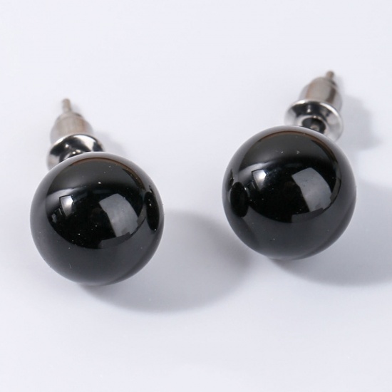 Picture of Stainless Steel & Agate ( Natural ) Ear Post Stud Earrings Silver Tone Black Ball With Stoppers 6mm Dia., Post/ Wire Size: (20 gauge), 1 Pair