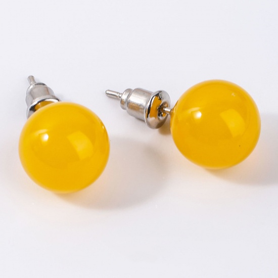Picture of Stainless Steel & Agate ( Natural ) Ear Post Stud Earrings Silver Tone Yellow Ball With Stoppers 10mm Dia., Post/ Wire Size: (20 gauge), 1 Pair