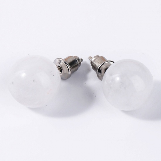 Picture of Stainless Steel & Quartz Rock Crystal ( Natural ) Ear Post Stud Earrings Silver Tone White Ball With Stoppers 6mm Dia., Post/ Wire Size: (20 gauge), 1 Pair