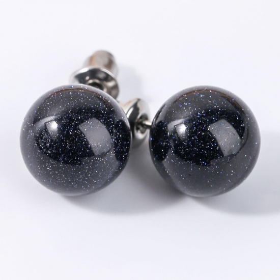 Picture of Stainless Steel & Blue Sand Stone ( Natural ) Ear Post Stud Earrings Silver Tone Navy Blue Ball With Stoppers 6mm Dia., Post/ Wire Size: (20 gauge), 1 Pair
