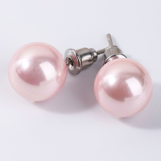 Picture of Stainless Steel & Shell ( Natural ) Ear Post Stud Earrings Silver Tone Pink Ball Imitation Pearl 6mm Dia., Post/ Wire Size: (20 gauge), 1 Pair