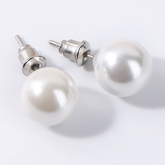 Picture of Stainless Steel & Shell ( Natural ) Ear Post Stud Earrings Silver Tone White Ball Imitation Pearl 6mm Dia., Post/ Wire Size: (20 gauge), 1 Pair