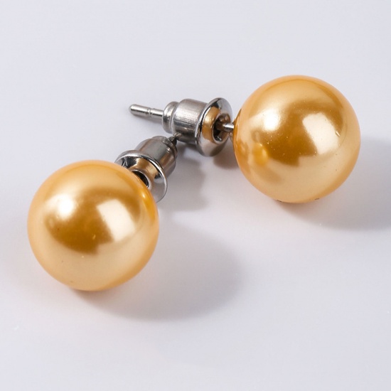 Picture of Stainless Steel & Shell ( Natural ) Ear Post Stud Earrings Silver Tone Golden Ball Imitation Pearl 8mm Dia., Post/ Wire Size: (20 gauge), 1 Pair
