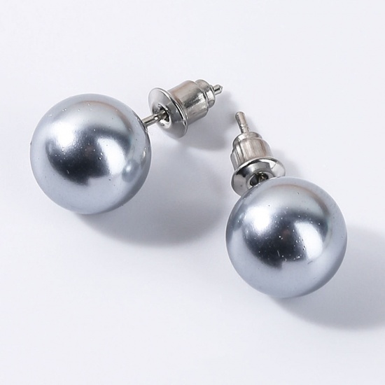 Picture of Stainless Steel & Shell ( Natural ) Ear Post Stud Earrings Silver Tone Gray Ball Imitation Pearl 10mm Dia., Post/ Wire Size: (20 gauge), 1 Pair