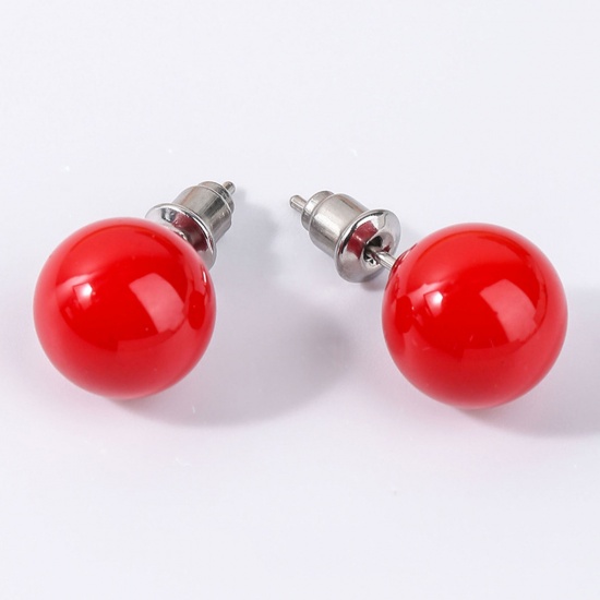 Picture of Stainless Steel & Shell ( Natural ) Ear Post Stud Earrings Silver Tone Red Ball Imitation Pearl 6mm Dia., Post/ Wire Size: (20 gauge), 1 Pair