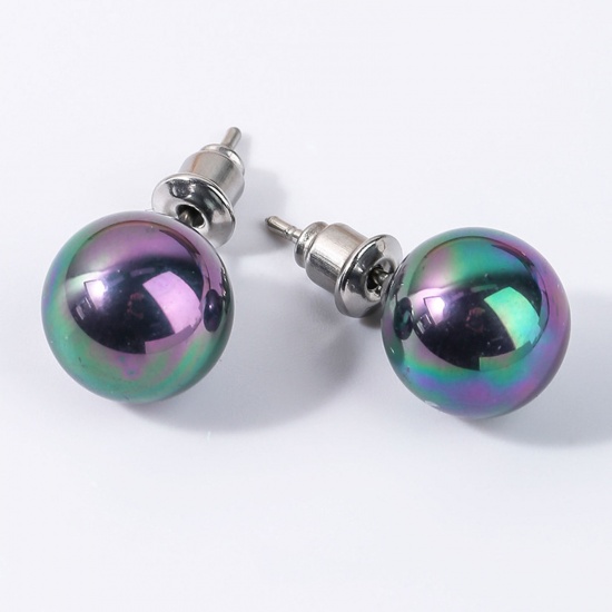 Picture of 1 Pair Stainless Steel & Shell ( Natural ) Ear Post Stud Earrings Silver Tone AB Color Ball Imitation Pearl 8mm Dia., Post/ Wire Size: (20 gauge)