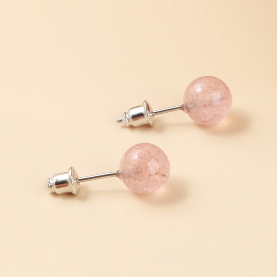 Picture of Stainless Steel & Strawberry Quartz ( Natural ) Ear Post Stud Earrings Silver Tone Light Pink Ball With Stoppers 6mm Dia., Post/ Wire Size: (20 gauge), 1 Pair