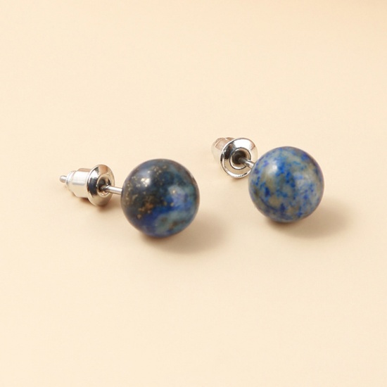 Picture of Stainless Steel & Lapis Lazuli ( Natural ) Ear Post Stud Earrings Silver Tone Dark Blue Ball With Stoppers 6mm Dia., Post/ Wire Size: (20 gauge), 1 Pair
