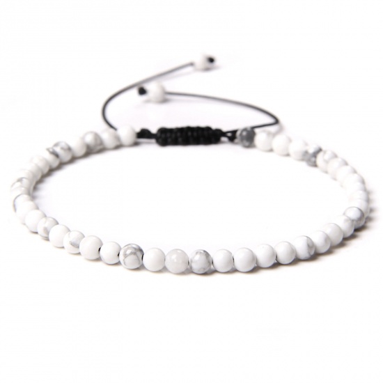 Picture of Natural Dyed Howlite Braided Adjustable Dainty Bracelets Delicate Bracelets Beaded Bracelet White Round 15cm - 30cm long, 1 Piece