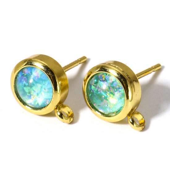 Picture of 1 Pair Copper & Opal ( Synthetic ) Ear Post Stud Earring With Loop Connector Accessories Silver Tone Green Round 11mm x 8mm, Post/ Wire Size: (20 gauge)