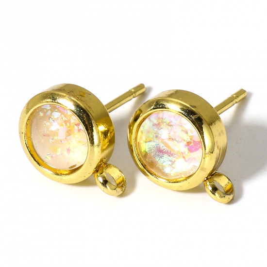 Picture of 1 Pair Copper & Opal ( Synthetic ) Ear Post Stud Earring With Loop Connector Accessories Silver Tone White Round 11mm x 8mm, Post/ Wire Size: (20 gauge)