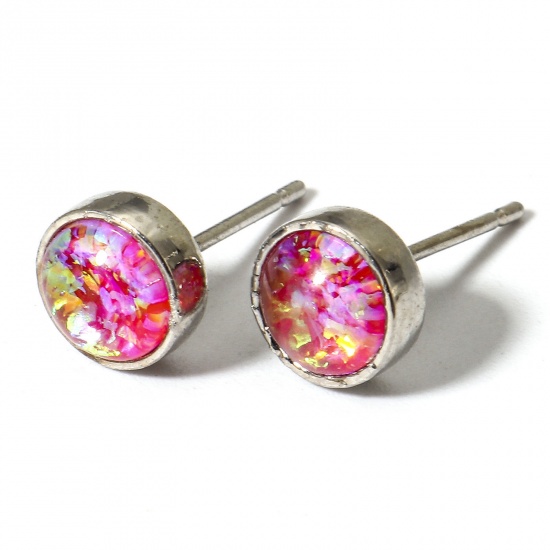 Picture of 1 Pair Copper & Opal ( Synthetic ) Ear Post Stud Earrings Silver Tone Fuchsia Round 7mm Dia., Post/ Wire Size: (21 gauge)