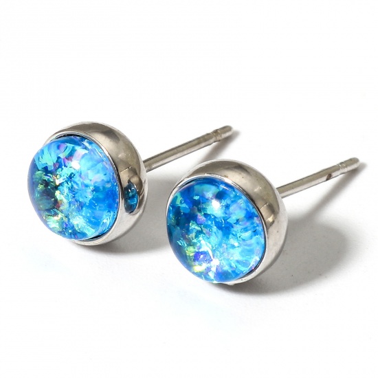 Picture of 1 Pair Copper & Opal ( Synthetic ) Ear Post Stud Earrings Silver Tone Blue Round 7mm Dia., Post/ Wire Size: (21 gauge)