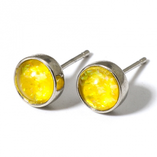 Picture of 1 Pair Copper & Opal ( Synthetic ) Ear Post Stud Earrings Silver Tone Yellow Round 7mm Dia., Post/ Wire Size: (21 gauge)
