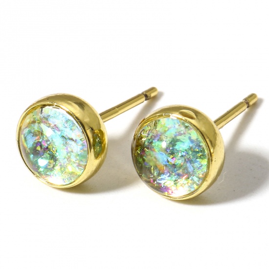 Picture of 1 Pair Copper & Opal ( Synthetic ) Ear Post Stud Earrings Gold Plated White Round 7mm Dia., Post/ Wire Size: (21 gauge)