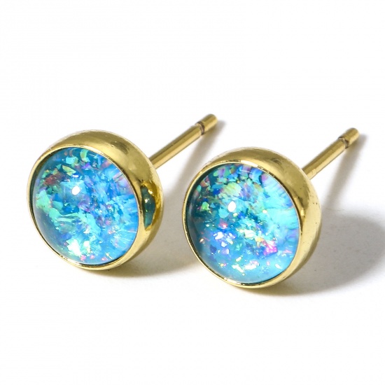 Picture of 1 Pair Copper & Opal ( Synthetic ) Ear Post Stud Earrings Gold Plated Blue Round 7mm Dia., Post/ Wire Size: (21 gauge)