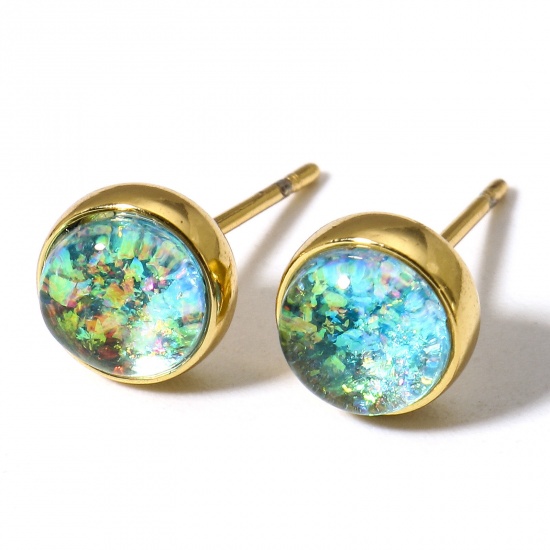 Picture of 1 Pair Copper & Opal ( Synthetic ) Ear Post Stud Earrings Gold Plated Light Blue Round 7mm Dia., Post/ Wire Size: (21 gauge)