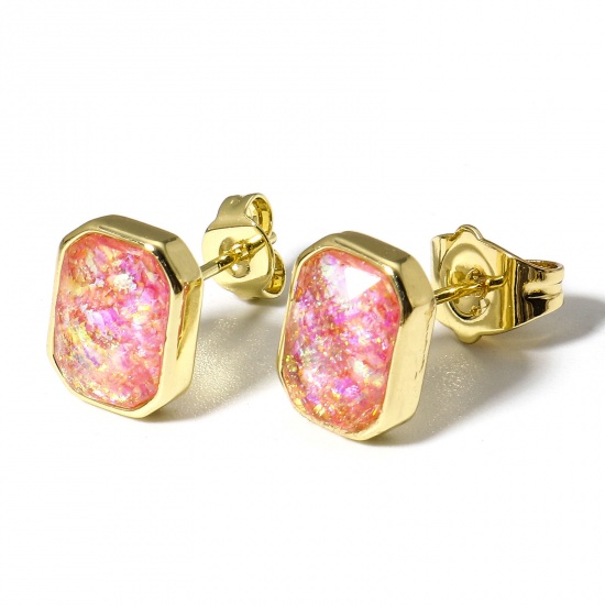 Picture of 1 Pair Copper & Opal ( Synthetic ) Ear Post Stud Earrings Gold Plated Pink Octagon 9.5mm x 7.5mm, Post/ Wire Size: (21 gauge)