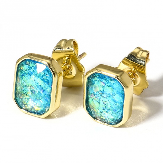 Picture of 1 Pair Copper & Opal ( Synthetic ) Ear Post Stud Earrings Gold Plated Blue Octagon 9.5mm x 7.5mm, Post/ Wire Size: (21 gauge)