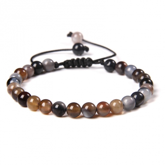 Picture of 1 Piece 6mm Beads Natural Dyed Agate Adjustable Dainty Bracelets Delicate Bracelets Beaded Bracelet Gray Round 30cm(11 6/8") long - 18cm(7 1/8") long