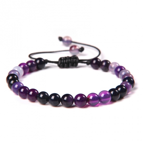 Picture of 1 Piece 6mm Beads Natural Dyed Agate Adjustable Dainty Bracelets Delicate Bracelets Beaded Bracelet Purple Round 30cm(11 6/8") long - 18cm(7 1/8") long