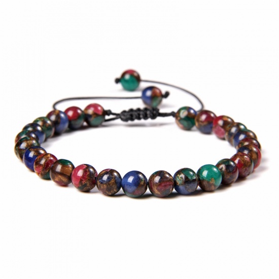 Picture of 1 Piece 6mm Beads Natural Dyed Stone Adjustable Dainty Bracelets Delicate Bracelets Beaded Bracelet Multicolor Round 30cm(11 6/8") long - 18cm(7 1/8") long