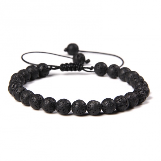 Picture of 1 Piece 6mm Beads Natural Dyed Lava Rock Adjustable Dainty Bracelets Delicate Bracelets Beaded Bracelet Black Round 30cm(11 6/8") long - 18cm(7 1/8") long