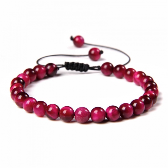 Picture of 1 Piece 6mm Beads Natural Dyed Tiger's Eyes Adjustable Dainty Bracelets Delicate Bracelets Beaded Bracelet Fuchsia Round 30cm(11 6/8") long - 18cm(7 1/8") long