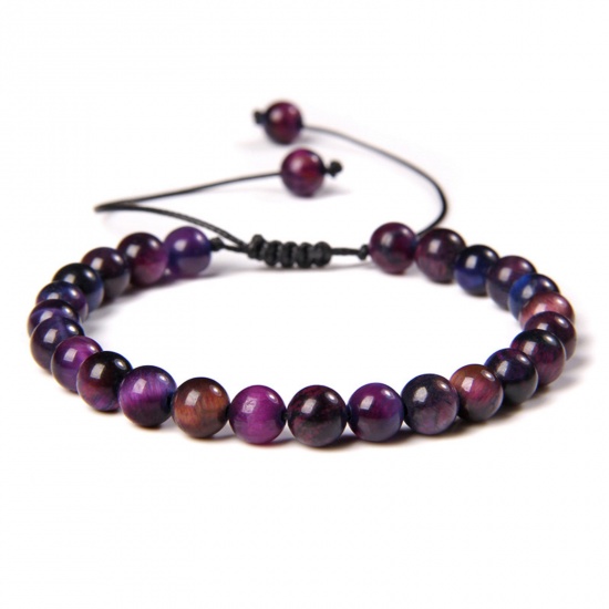 Picture of 1 Piece 6mm Beads Natural Dyed Tiger's Eyes Adjustable Dainty Bracelets Delicate Bracelets Beaded Bracelet Purple Round 30cm(11 6/8") long - 18cm(7 1/8") long