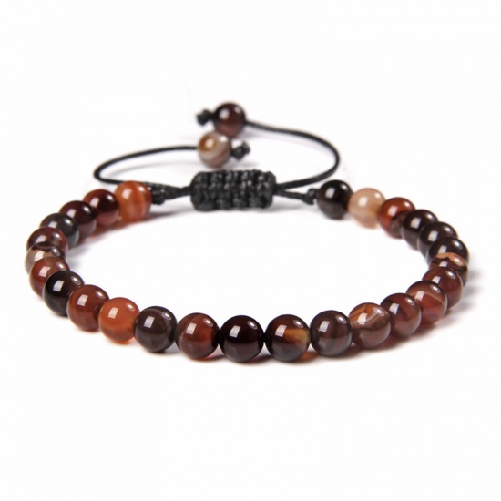 Picture of 1 Piece 6mm Beads Natural Dyed Agate Adjustable Dainty Bracelets Delicate Bracelets Beaded Bracelet Coffee Round 30cm(11 6/8") long - 18cm(7 1/8") long