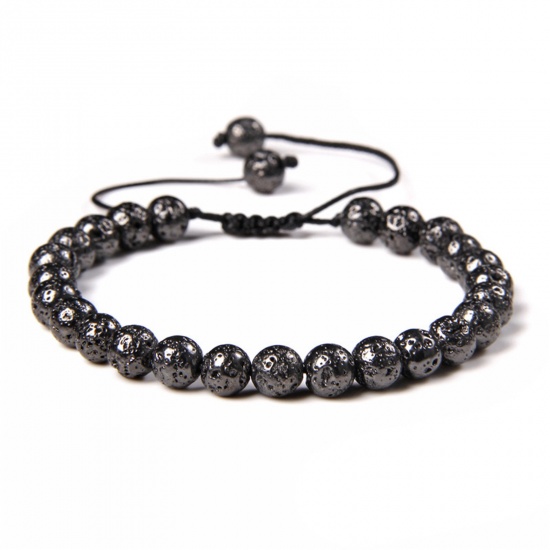 Picture of 1 Piece 6mm Beads Natural Dyed Lava Rock Adjustable Dainty Bracelets Delicate Bracelets Beaded Bracelet Gunmetal Round 30cm(11 6/8") long - 18cm(7 1/8") long