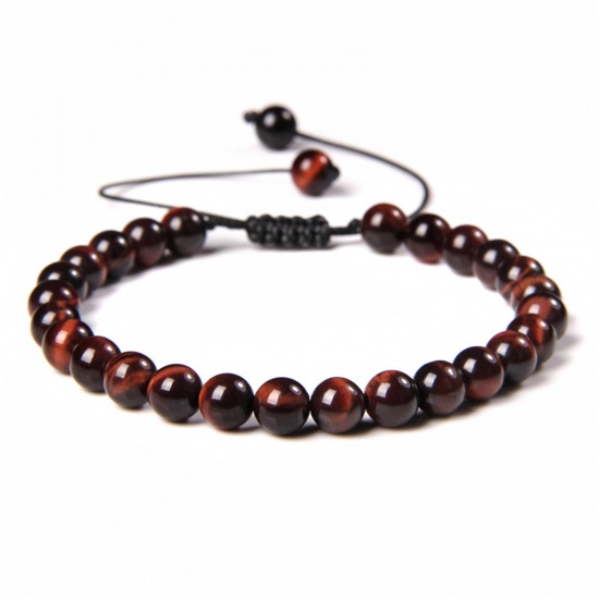 Picture of 1 Piece 6mm Beads Natural Dyed Tiger's Eyes Adjustable Dainty Bracelets Delicate Bracelets Beaded Bracelet Red Round 30cm(11 6/8") long - 18cm(7 1/8") long