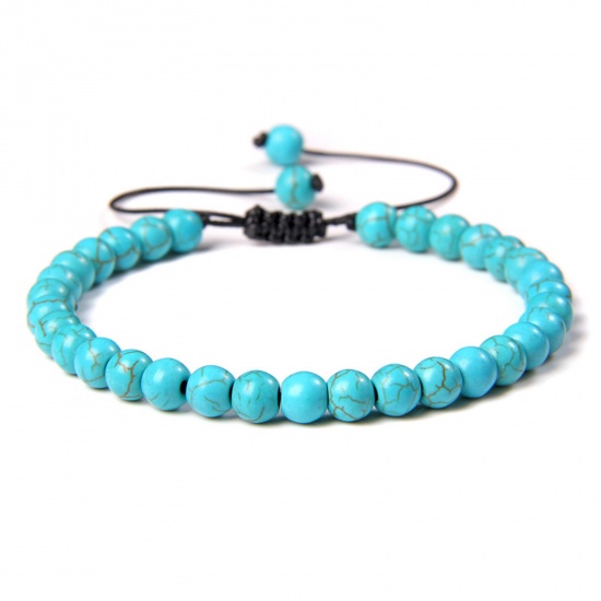 Picture of 1 Piece 6mm Beads Synthetic Turquoise Adjustable Dainty Bracelets Delicate Bracelets Beaded Bracelet Blue Round 30cm(11 6/8") long - 18cm(7 1/8") long