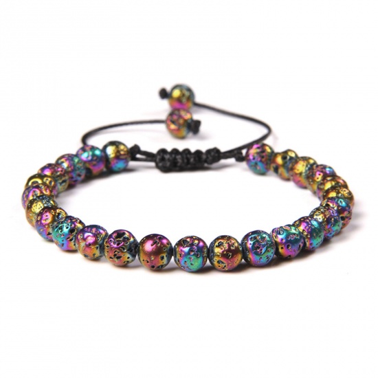 Picture of 1 Piece Electroplate Lava Rock Adjustable Dainty Bracelets Delicate Bracelets Beaded Bracelet Multicolor Round 30cm(11 6/8") long - 18cm(7 1/8") long