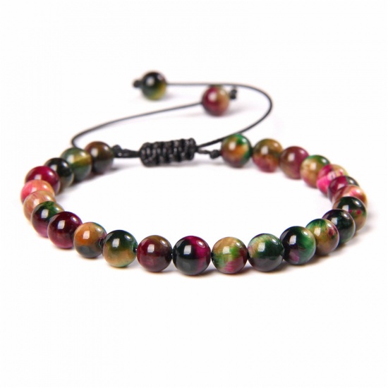 Picture of 1 Piece 6mm Beads Natural Dyed Tiger's Eyes Adjustable Dainty Bracelets Delicate Bracelets Beaded Bracelet Green Round 30cm(11 6/8") long - 18cm(7 1/8") long