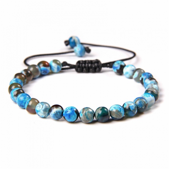 Picture of 1 Piece 6mm Beads Natural Dyed Agate Adjustable Dainty Bracelets Delicate Bracelets Beaded Bracelet Blue Round 30cm(11 6/8") long - 18cm(7 1/8") long