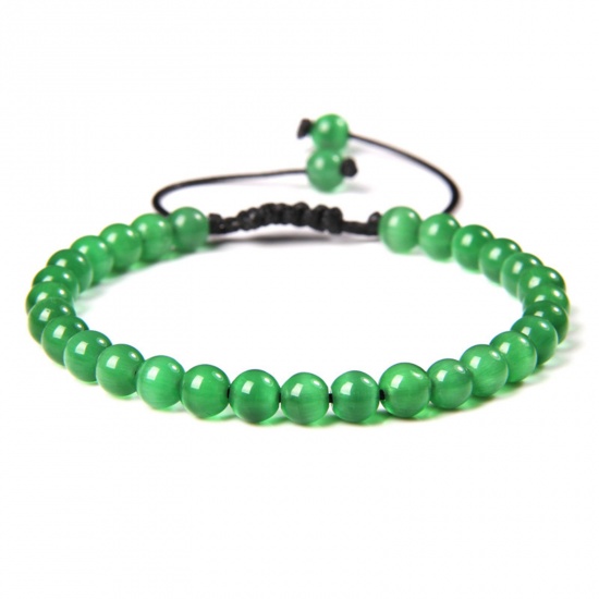 Picture of 1 Piece 6mm Beads Natural Dyed Cat's Eye Glass Adjustable Dainty Bracelets Delicate Bracelets Beaded Bracelet Green Round 30cm(11 6/8") long - 18cm(7 1/8") long